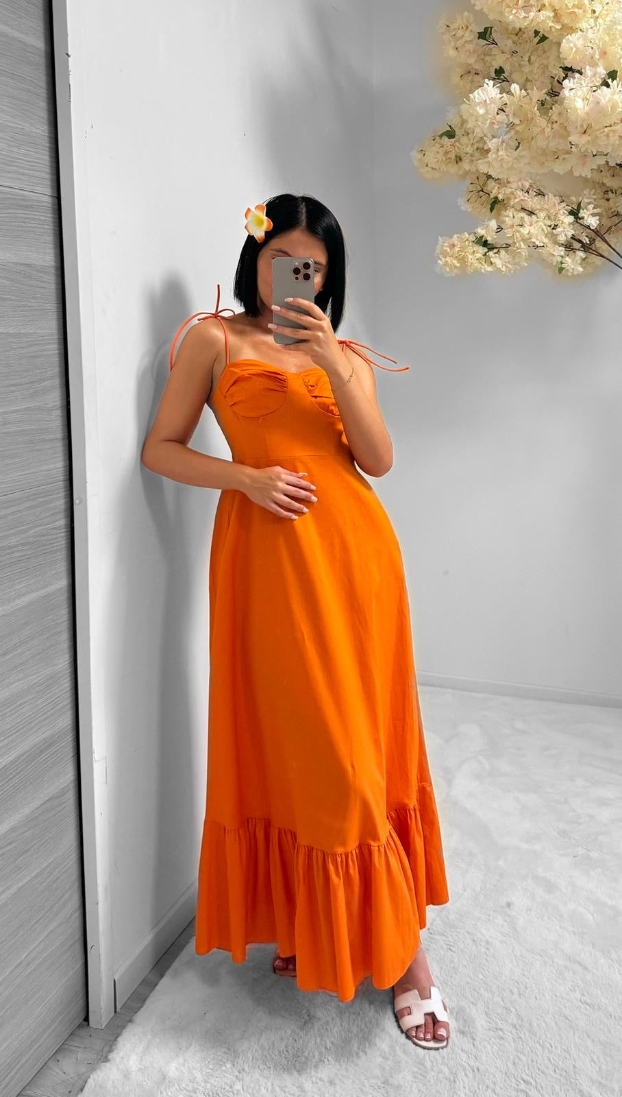 Robe longue bretelles orange