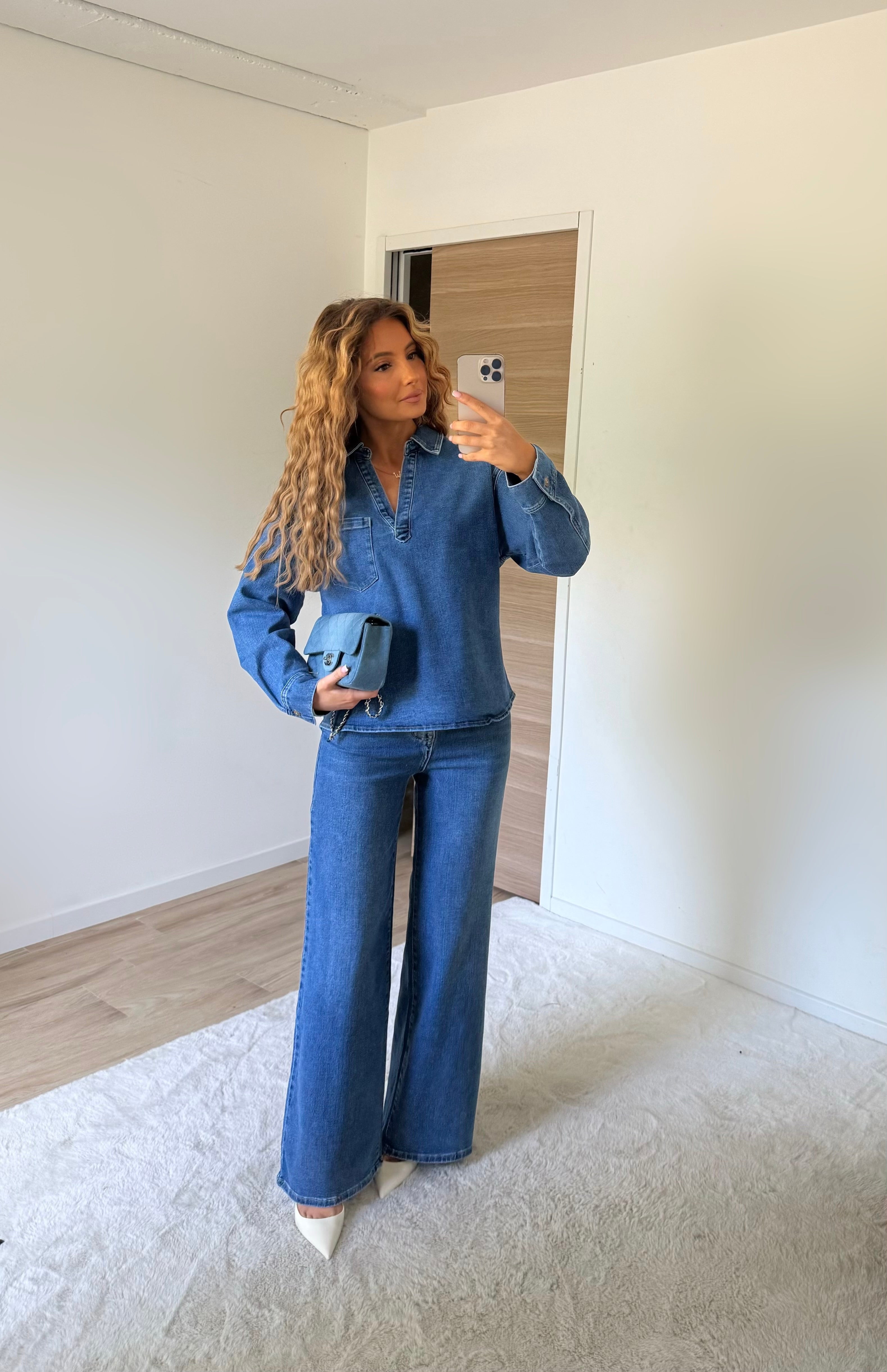 Chemise col V jean