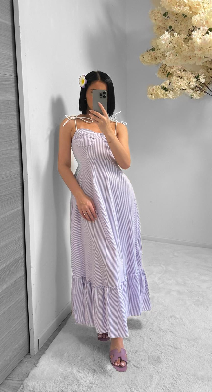 Robe longue bretelles rayures mauve